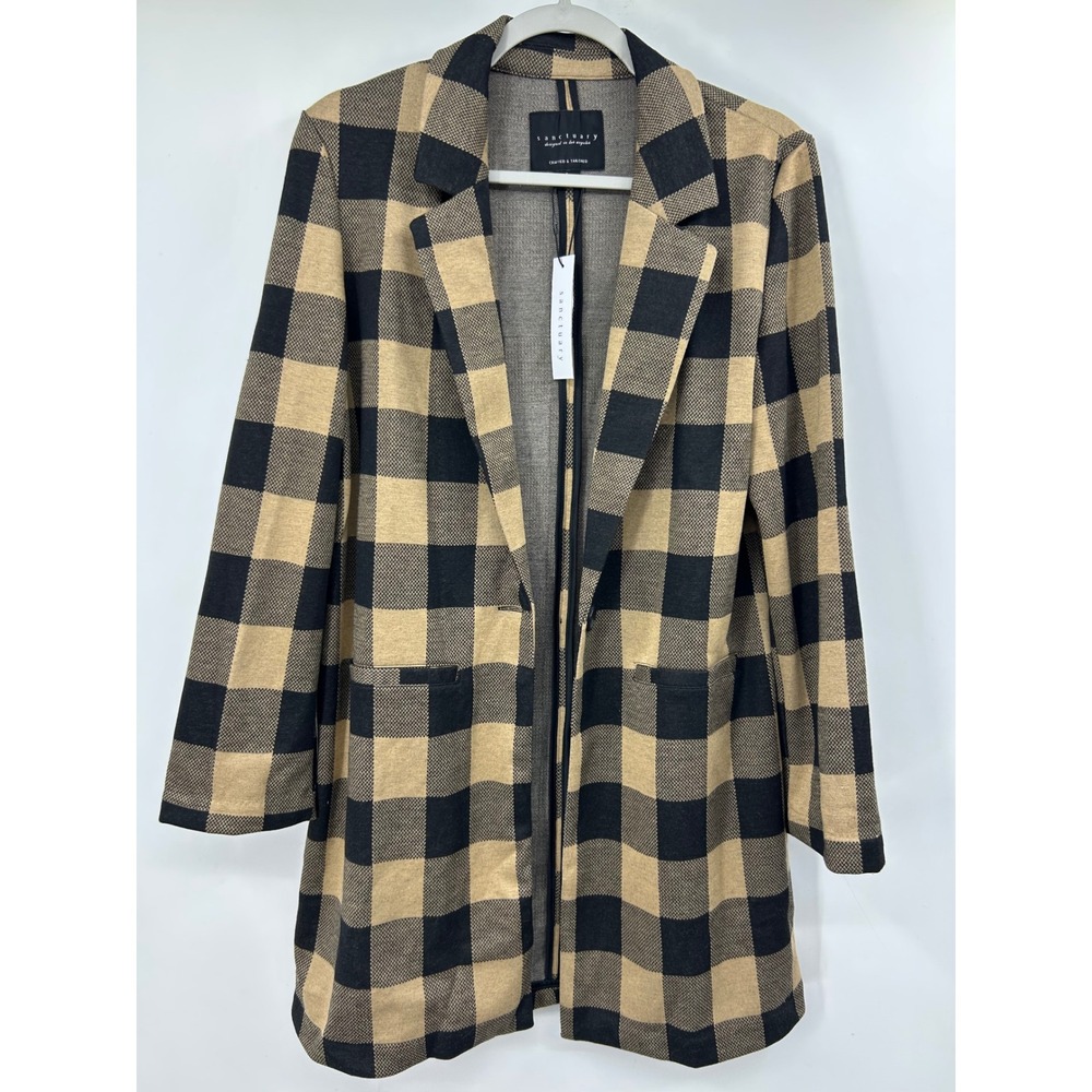 Sanctuary Women Tan Black Buffalo Plaid Longline Blazer Jacket Small NWT